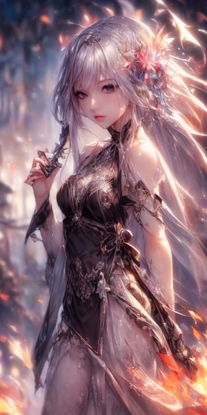 (masterpiece, top quality, best quality, official art, beautiful and aesthetic:1.2), (1girl:1.2), cute, extreme detailed,(abstract:1.4, fractal art:1.3),(silver_hair:1.1), fate \(series\), colorful,highest detailed, fire, ice, lightning, (splash_art:1.2), jewelry:1.4, hanfu, scenery, ink,(best quality