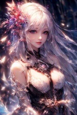 (masterpiece, top quality, best quality, official art, beautiful and aesthetic:1.2), (1girl:1.2), cute, extreme detailed,(abstract:1.4, fractal art:1.3),(silver_hair:1.1), fate \(series\), colorful,highest detailed, fire, ice, lightning, (splash_art:1.2), jewelry:1.4, hanfu, scenery, ink,(best quality