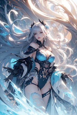 (masterpiece, top quality, best quality, official art, beautiful and aesthetic:1.2), (1girl:1.2), cute, extreme detailed,(abstract:1.4, fractal art:1.3),(silver_hair:1.1), fate \(series\), colorful,highest detailed, fire, ice, lightning, (splash_art:1.2), jewelry:1.4, hanfu, scenery, ink,