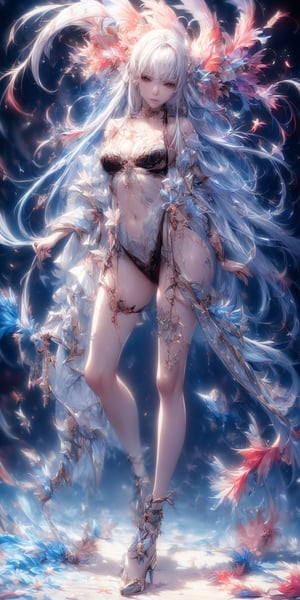 (masterpiece, top quality, best quality, official art, beautiful and aesthetic:1.2), (1girl:1.2), cute, extreme detailed,(abstract:1.4, fractal art:1.3),(silver_hair:1.1), fate \(series\), colorful,highest detailed, fire, ice, lightning, (splash_art:1.2), jewelry:1.4, hanfu, scenery, ink,(best quality,Nice legs and hot body