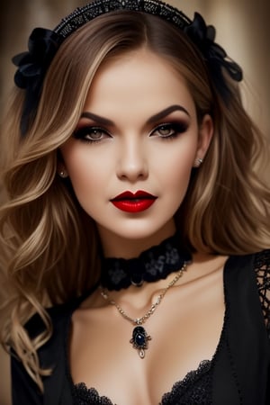 Capture the charm of a gothic woman, black hair, crown with black stones on her head, red lips, necklace, earrings, in a lacy black dress, macro, sharp focus, studio photography, intricate details, realistic, 8k, 