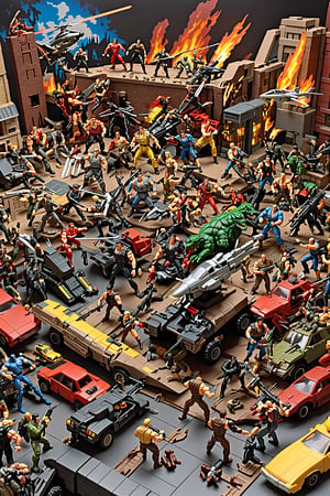 A bunch of early 1990s action figures fighting in epic grande sprawling toy battle scene with obvious satire of 80s and 90s action movies include joke mockery silly references to bloodsport, predator, top gun, rambo, cobra, total recall, last action hero, die hard, 5th element, commando, mock all those silly movies by a hilarious action figure battle display diorama combat style scene