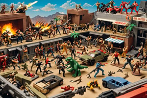 A bunch of early 1990s action figures fighting in epic grande sprawling toy battle scene with obvious satire of 80s and 90s action movies include joke mockery silly references to bloodsport, predator, top gun, rambo, cobra, total recall, last action hero, die hard, 5th element, commando, mock all those silly movies by a hilarious action figure battle display diorama combat style scene