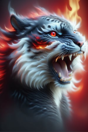 
tiger, black fur with red detail, red eye, on fire