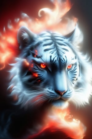 
tiger, black fur with red detail, red eye, on fire