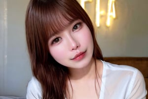 Masterpiece, Asian girl, perfect body, white shirt and miniskirt, sitting on bed, (cowboy_shot), soft make up, best quality, ambient lighting, photorealistic, epic realistic 32K resolution scene, depth of field