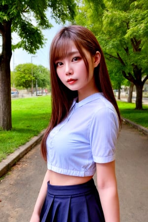 Masterpiece, Asian girl, perfect body, white shirt and miniskirt, standing on the park, ((looking away)), (cowboy_shot), soft make up, best quality, ambient lighting, photorealistic, depth of field