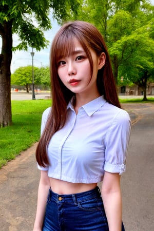 Masterpiece, Asian girl, perfect body, white shirt and miniskirt, standing on the park, (looking away), (cowboy_shot), soft make up, best quality, ambient lighting, photorealistic, depth of field