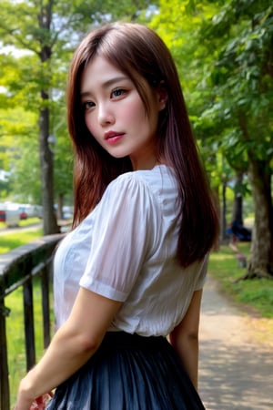 Masterpiece, an asian beautiful girl wearing a white_blouse and dark_crease_miniskirt,  She is standing in the middle of the park, looking out into the woods in the distance, (from_side, cowboy_shot), best quality, ambient lighting, photorealistic