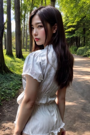 Masterpiece, an asian beautiful girl wearing a white_blouse and dark_crease_miniskirt,  She is standing in the middle of the park, looking out into the woods in the distance, (from_side, cowboy_shot), best quality, ambient lighting, photorealistic