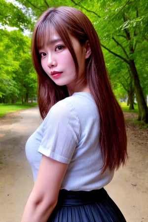 Masterpiece, an asian beautiful girl wearing a white blouse and dark miniskirt,  She is standing in the middle of the park, looking out into the woods in the distance, (looking at another, from_side, cowboy_shot), backlighting, best quality, ambient lighting, photorealistic