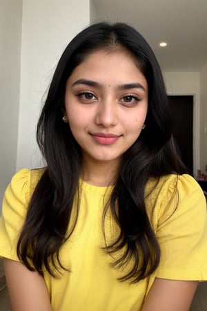 same face aria name girl, head to toe, round face, Indian bengali girl, Instagram influencer, black long hair, glossy juicy lips,blue eyes cute,  18-year-old girl, wearing yellow punjabi dress,( playing with small cute 5 years old another cute girl at home, very cute girl sweet and innocent girl )