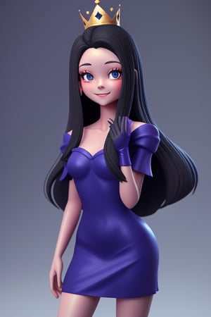 front shot image of a princess with long black hair, attired in a dark purple short dress with a hint of cobalt blue. Her face is spotless and bright, radiating beauty, wearing a crown,3D MODEL,Masterpiece,2.5~3D,Young beauty spirit 