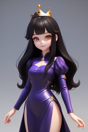 front shot image of a princess with long black hair, attired in a dark purple short dress with a hint of cobalt blue. Her face is spotless and bright, radiating beauty, wearing a crown,3D MODEL