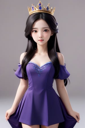 front shot image of a princess with long black hair, attired in a dark purple short dress with a hint of cobalt blue. Her face is spotless and bright, radiating beauty, wearing a crown,3D MODEL,Masterpiece,2.5~3D,Young beauty spirit ,LinkGirl