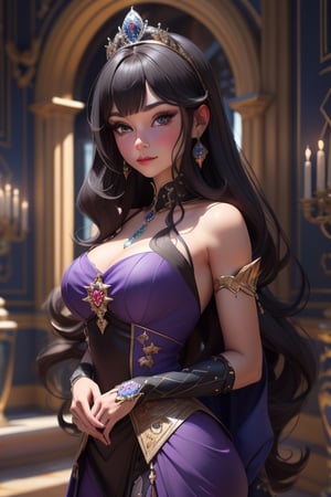 front shot image of a princess with long black hair, attired in a dark purple short dress with a hint of cobalt blue. Her face should be spotless and bright, radiating beauty. The background should capture the interior of a royal castle, showcasing a multitude of vibrant colors that create a regal atmosphere,3D MODEL