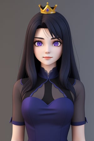 front shot image of a princess with long black hair, attired in a dark purple short dress with a hint of cobalt blue. Her face is spotless and bright, radiating beauty, wearing a crown,3D MODEL