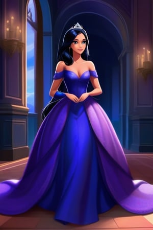 Generate a visually captivating image of a princess with long black hair, attired in a dark purple short dress with a hint of cobalt blue. Her face should be spotless and bright, radiating beauty. The background should capture the interior of a royal castle, showcasing a multitude of vibrant colors that create a regal atmosphere