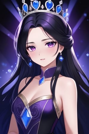 front shot image of a princess with long black hair, attired in a dark purple short dress with a hint of cobalt blue. Her face is spotless and bright, radiating beauty, wearing a crown