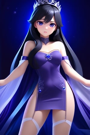 front shot image of a princess with long black hair, attired in a dark purple short dress with a hint of cobalt blue. Her face is spotless and bright, radiating beauty, wearing a crown,3D MODEL,Masterpiece,2.5~3D,Young beauty spirit ,LinkGirl,naked bandage
