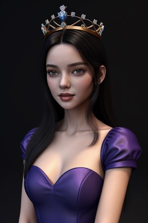 front shot image of a princess with long black hair, attired in a dark purple short dress with a hint of cobalt blue. Her face is spotless and bright, radiating beauty, wearing a crown,3D MODEL,Masterpiece