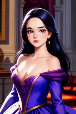 Generate a visually captivating image of a princess with long black hair, attired in a dark purple short dress with a hint of cobalt blue. Her face should be spotless and bright, radiating beauty. The background should capture the interior of a royal castle, showcasing a multitude of vibrant colors that create a regal atmosphere