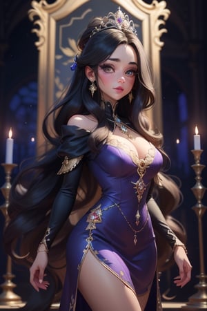 front shot image of a princess with long black hair, attired in a dark purple short dress with a hint of cobalt blue. Her face should be spotless and bright, radiating beauty. The background should capture the interior of a royal castle, showcasing a multitude of vibrant colors that create a regal atmosphere,3D MODEL
