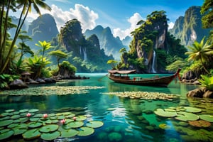 (masterpiece),(best quality),(very detailed),(best photography),(best shadow),(very delicate and beautiful),(waterfall),(giant banyan tree), (wooden boat), (bamboo bridge) ,(dynamic angle), ((Balinese style house )),((the island forms a small mountain)),((the water is very clear, the night is very clear with a perfect lightning)), ( big mountain), clouds under beautiful treetops, dusk time, water lilies on the lake blooming, (lotus flowers), lush plants, bold colors, (very realistic), (detailed light ),feathers, (nature), (beautiful and soft water), (The water is so clear that you can see the fish and rocks in it)(painting),(sketch),(bloom), ((high resolution)) ,((high contrast ratio) ), ((high detail))( (high texture)), ((real high quality image texture)), ((very high quality)), golden ratio, captured by camera hasselblad,Extremely Realistic