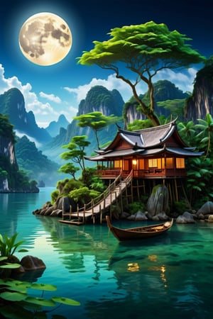 (masterpiece),(best quality),(very detailed),(best illustration),(best shadow),(very smooth and beautiful),(waterfall),(Giant banyan tree), (wooden boat), (bamboo bridge), (dynamic angle), ((a house in the middle of an island under a big tree)), ((very clear water, very bright night atmosphere by a perfect full moon)), (big mountains) , clouds under beautiful treetops, twilight time, water lilies on the lake blooming, ( lotus flowers), lush plants, moonlight shining through white clouds, bold colors, (very realistic), (detailed light), feathers , (nature), (sunlight), (beautiful and gentle water), (The water is so clear that you can see the fish and rocks in it)(painting),(sketch),(blooming),(shining), (( high resolution)) ,((high contrast ratio)), ((high detail))( (high texture)), ((real high quality figure texture)), ((ultra high quality)), golden ratio, captured by camera hasselblad