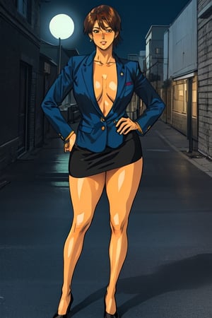 (high quality:1.1), intricate details, cinematic lighting,MinamiMitsuko, 1girl, mature female, solo, standing, legs apart, hands on own hips, full body,(looking at viewer:1.1), blush, smirk,brown hair, short hair, brown eyes, earrings, shiny, thick lips,black blazer, (black miniskirt:1.25), collarbone, high heels, panties, pantyshot, no bra, pump shoes,curvy, huge breasts, thighs, areola slip, (covered nipples:1.1), outdoors, park, night,1girl,1990s (style)