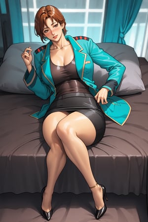 (high quality:1.1), intricate details, cinematic lighting,MinamiMitsuko, 1girl, mature female, solo,  full body,  lying on bed, on back, from above,(looking at viewer:1.1), seductive smile, blush, brown hair, short hair, brown eyes, jewelry, lingerie, earrings, shiny,(blue uniform:1.2), jacket, long sleeves, black miniskirt, (open clothes:1.1), black tank top, collarbone, high heels, panties, pantyshot,curvy, large breasts, thighs,outdoors, park,1girl,milfication,Retro