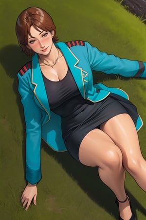 (high quality:1.1), intricate details, cinematic lighting,MinamiMitsuko, 1girl, mature female, solo,  full body,  lying on grass, on back, from above,(looking at viewer:1.1), seductive smile, blush, brown hair, short hair, brown eyes, jewelry, earrings, shiny,(blue uniform:1.2), jacket, long sleeves, black miniskirt, (open clothes:1.1), black tank top, collarbone, high heels, panties, pantyshot,curvy, large breasts, thighs,outdoors, park,1girl