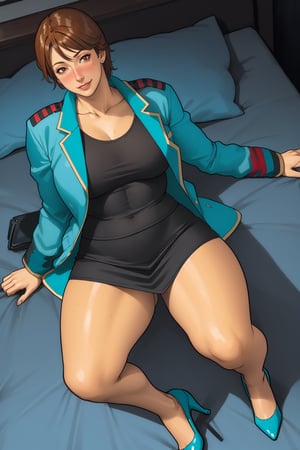 (high quality:1.1), intricate details, cinematic lighting,MinamiMitsuko, 1girl, mature female, solo,  full body,  lying on bed, on back, from above,(looking at viewer:1.1), seductive smile, blush, brown hair, short hair, brown eyes, jewelry, lingerie, earrings, shiny,(blue uniform:1.2), jacket, long sleeves, black miniskirt, (open clothes:1.1), black tank top, collarbone, high heels, panties, pantyshot,curvy, large breasts, thighs,outdoors, park,1girl