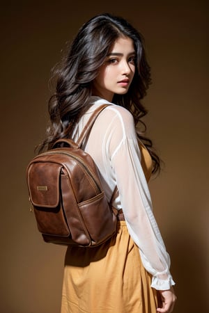 masterpiece, best quality, photorealistic, raw photo, 1girl, , long wavy hair,daily Indian outfit with back bag , light, detailed skin, pore, low key, blinding background 