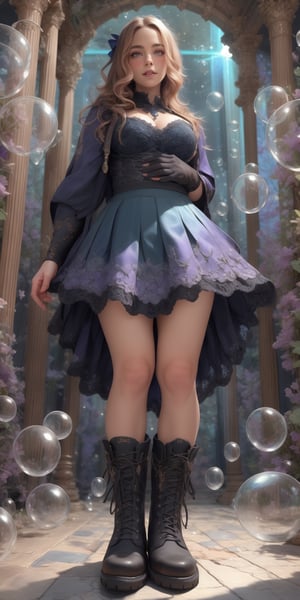 Wallpaper of legendary tales, Woman, fine art, oil painting, best quality, dark tales, portrait cute detailed, detailed illustration, complex background with bubbles, in the style of realistic hyper - detailed close-up, dark violet and blues, realistic portrayal of light and shadow, boots, skirt, 

,Yuki,DonMBl00mingF41ryXL 