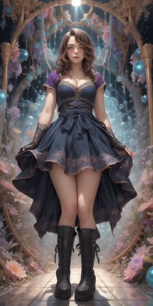 Wallpaper of legendary tales, Woman, fine art, oil painting, best quality, dark tales, portrait cute detailed, detailed illustration, complex background with bubbles, in the style of realistic hyper - detailed upper-body, dark violet and blues, realistic portrayal of light and shadow, boots, skirt, 

,Yuki,DonMBl00mingF41ryXL 