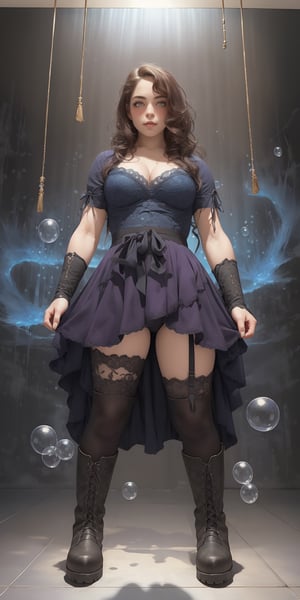 Wallpaper of legendary tales, Woman, fine art, oil painting, best quality, dark tales, portrait cute detailed, detailed illustration, complex background with bubbles, in the style of realistic hyper - detailed upper-body, dark violet and blues, realistic portrayal of light and shadow, boots, skirt, 

,Yuki