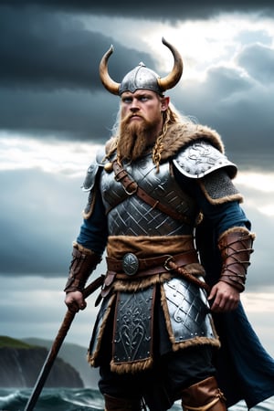 Audacious Viking Warrior, Chosen by the gods to face a dark threat, Mythical Norse times, Battle-worn Viking armor adorned with divine symbols, Mythical landscapes with mystical lighting, Embarking on an epic quest, Gods observing from the heavens, Heroic silhouette against a dramatic sky, Hyper-realistic, photo-realistic, cinematography.