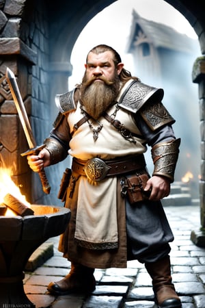 haracters: Dwarven Master Smiths,
Description: Intrigued by the mortal's courage,
Era: Mythical Norse times,
Attire: Dwarven blacksmith attire with mystical runes,
Location: Dwarven Forge with magical elements,
Action: Forging the sword with metals from the Nine Worlds,
Background: Yggdrasil's magical essence in the air,
Shot Type: Focus on the craftsmanship,
Style: Hyper-realistic, photo-realistic, cinematography.