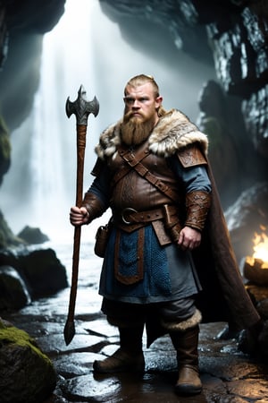 Characters: Viking Warrior,
Description: Guided by divine visions,
Era: Mythical Norse times,
Attire: Travel-worn Viking gear with a cloak,
Location: Perilous dwarven realm with hidden dangers,
Action: Venturing into the dangerous dwarven territory,
Background: Dark caverns and mystical glows,
Shot Type: Wide shot capturing the ominous atmosphere,
Style: Hyper-realistic, photo-realistic, cinematography.
