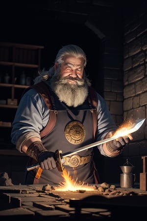 Dwarven Master Smiths, Skilled artisans renowned for their mastery in the forge, Mythical Norse times, Elaborate, fire-resistant blacksmith attire, Dwarven Forge with molten metal and anvils, Forging the magical sword with intricate runes, Glowing embers and sparks in the air, Close-up, Hyper-realistic, photo-realistic, cinematography.