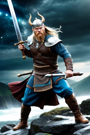 Characters: Viking Warrior,
Description: Wielding the balanced sword,
Era: Mythical Norse times,
Attire: Viking warrior with the magical sword,
Location: Cosmic battlefield with swirling energies,
Action: Unleashing the sword's power,
Background: Shifting realities and cosmic phenomena,
Shot Type: Dynamic action shot,
Style: Hyper-realistic, photo-realistic, cinematography.
