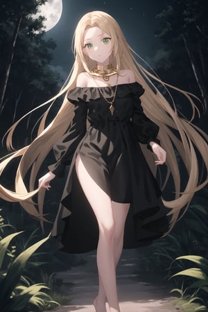 high quality
serious female character
Long blonde hair, green eyes, white skin.
brown dress, a gold chain around the neck
barefoot

walks near werewolf
black hair
with a silver necklace

In the middle of a forest, full moon night