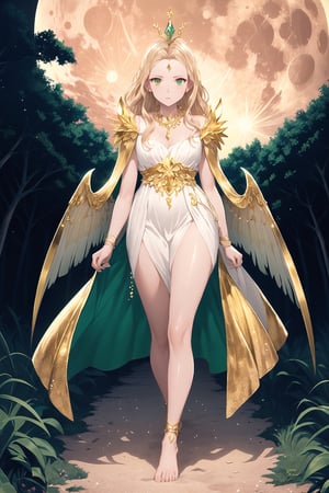 high quality
 serious feminine
 25 years old
Long blonde hair, green eyes, white skin.

golden dress a gold chain around the neck
a crystal horn on the forehead
big red butterfly wings
walking
barefoot

In the middle of a forest, full moon night