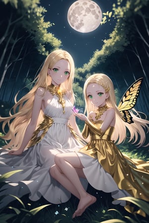 high quality
first serious female character
Long blonde hair, green eyes, white skin.
golden dress a gold chain around the neck
a crystal horn
butterfly wings
barefoot

In the middle of a forest, full moon night