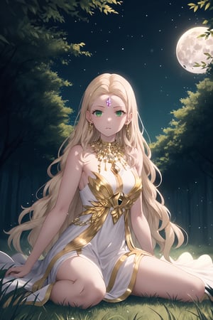high quality
 serious feminine
 25 years old
Long blonde hair, green eyes, white skin.

golden dress a gold chain around the neck
a crystal horn on the forehead
big red butterfly wings
barefoot


In the middle of a forest, full moon night
