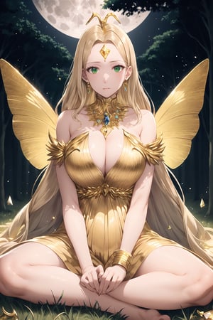 high quality
 serious feminine
 25 years old
Long blonde hair, green eyes, white skin.
normal breasts
golden dress a gold chain around the neck
a crystal horn on the forehead
big red butterfly wings
barefoot


In the middle of a forest, full moon night