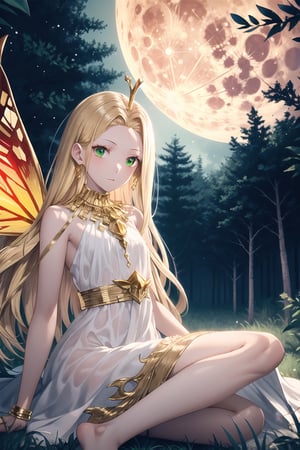 high quality
high quality
 serious feminine
Long blonde hair, green eyes, white skin.
golden dress a gold chain around the neck
a crystal horn
red butterfly wings
barefoot


In the middle of a forest, full moon night