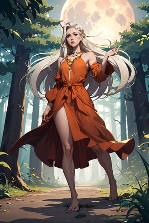 high quality
first serious female character
long blonde hair, green eyes, white skin.
brown dress, a gold chain around the neck
barefoot

second character
behind a werewolf with a silver necklace

In the middle of a forest, full moon night,SAM YANG