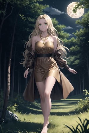 high quality
first serious female character
Long blonde hair, green eyes, white skin.
brown dress, a gold chain around the neck
barefoot

second character
walking near the woman
werewolf
black hair
with a silver necklace

In the middle of a forest, full moon night